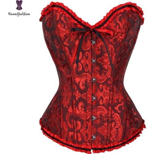 Lace Up Corset Overbust Jacquard Floral Bustier Fish Boned Gothic Gorset Plus Size For Women Sexy Outfit Korset #810