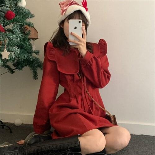 Red Peter Pan Collar Womens Clothing A-line Mini-dresses Vintage Style Fashion Long Sleeve Black Short Dress Spring Autumn New