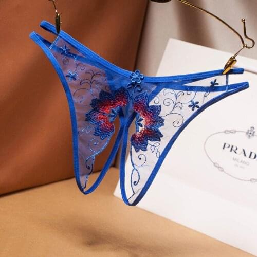 Women Sexy Lace Lingerie Temptation Low-waist Panties Embroidery Thong Transparent Hollow Crotchless Underwear Female G String