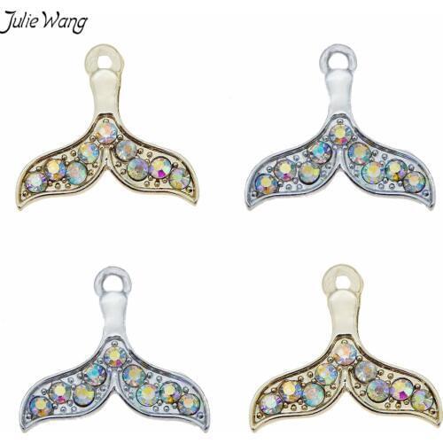 Julie Wang 10pcs Zinc Alloy Crystal Mermaid Tail Charms Gold Silver Color Pendants Jewelry Necklace Key ring DIY Handmade