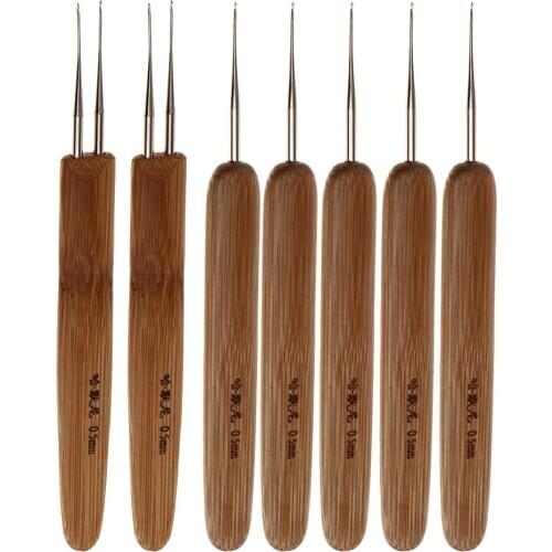 5pcs Natural Wood Handle Hair Weaving Extensions Crochet Needles + 2pcs Double Dreading Hooks Braid Craft Set 0.5mm