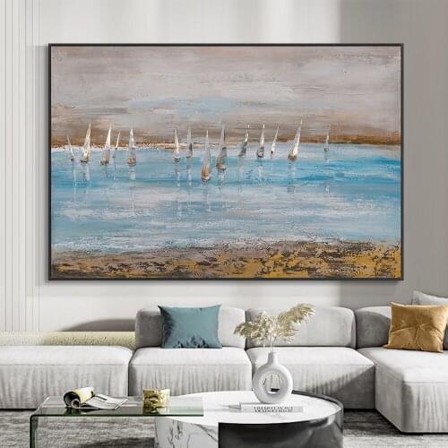 Abstract Canvas Painting 100% Hand Painted Sailing Boat On The Sea Handmade Oil Painting Modern Wall Art For Home Decoration