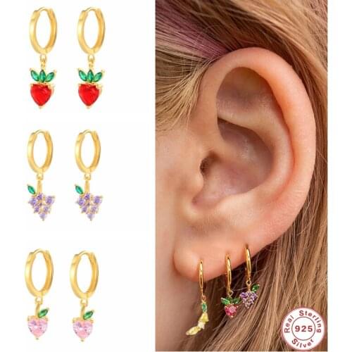 GS 925 Sterling Silver Cute Fruit Charm Dangle Earrings For Women Girl Gift Apple Strawberry Grape Pendants Drop Earring Jewel