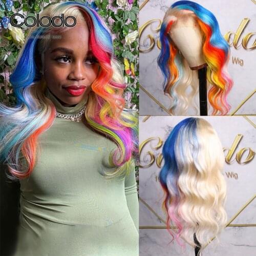 COLODO Colored Lace Front Wigs Human Hair Colorful Blonde Lace Front Human Hair Wigs Wavy Transparent Lace Wigs Remy Rainbow Wig