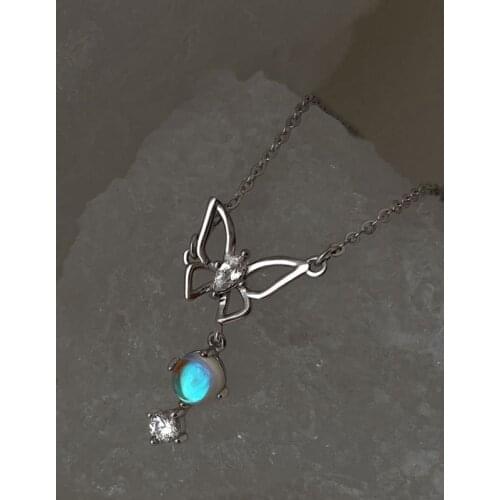 Natural Moonstone Necklaces & Pendants Real 925 Sterling Silver Necklace For Women Hollow Butterfly Zircon Chain Fine Jewelry
