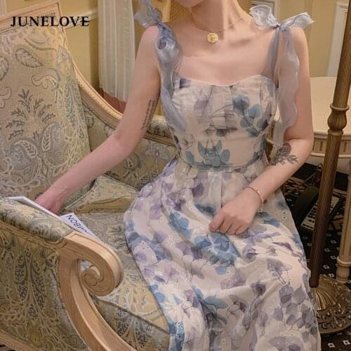 JuneLove French Vintage Midi Dress Ladies Sleeveless Elegant Casual Strap Dress Bow Design Boho Beach Sundress Women Summer 2021