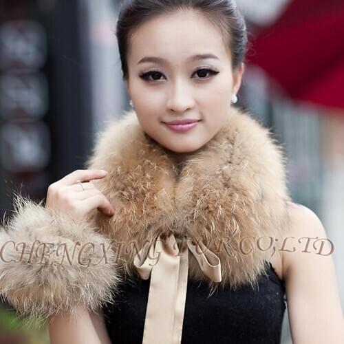 Tongxiang Real Raccoon Fur Collar Scarf Cuffs Set One Collar + Two Pieces Of Cuffs
