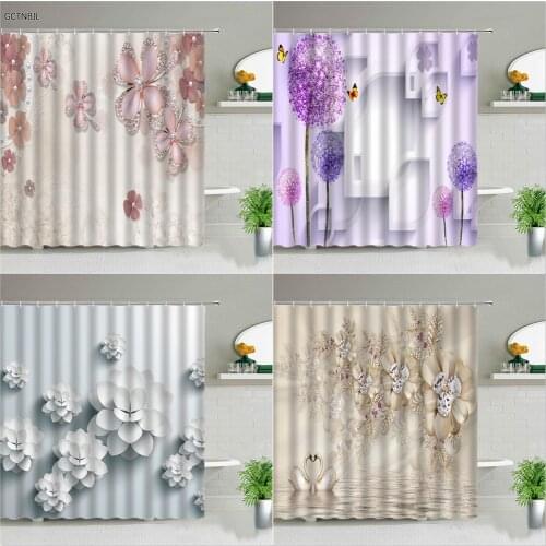 Flower Shower Curtain Set Pink Floral Purple Dandelion Butterfly Bathroom Decor Luxury Polyester Cloth Bathtub Screen With Hooks