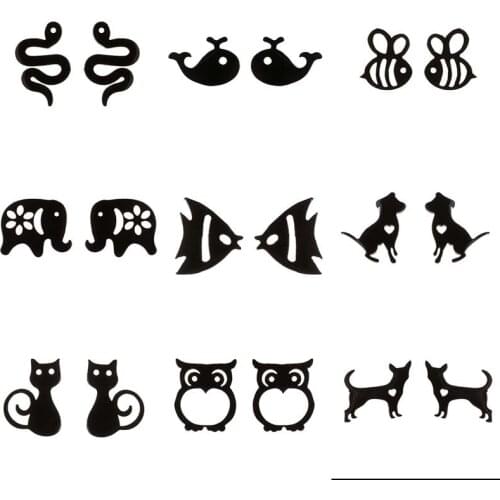 Multiple Animals Black Tiny Earrings Cartoon Lovely Cat Dog Goldfish Whale Heart Honeybee Stud Earring Jewelry Women Men Gifts
