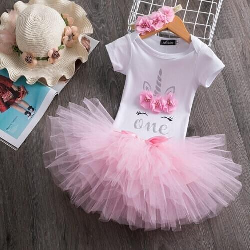Infant Baby Girls Cotton One Year Birthday Party Dresses For Girl Toddler Kids Baptism Christening Gown Tutu Outfits Headband