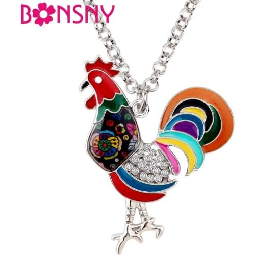Bonsny Alloy Enamel Rhinestone Floral Chicken Rooster Necklace Choker Collar Pendant Fashion Jewelry For Women Girl Farm Animal
