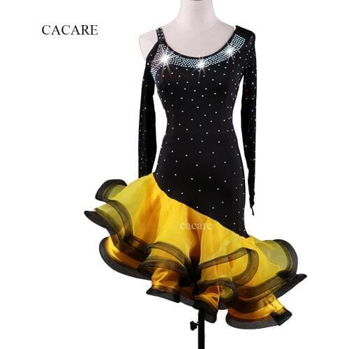 CACARE Latin Dance Dress Women Latin Dance Competition Dresses Fringed Dress Ballroom D0080 Fluffy Sheer Hem Rhinestones