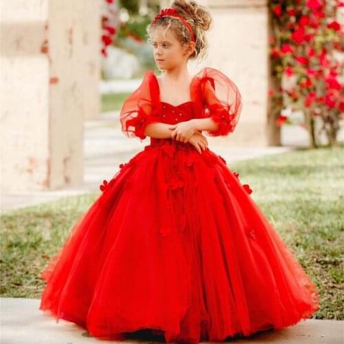 Red Flower Girl Dresses For Wedding 3D Floral Flowers Birthday Party Toddler Pageant Gown Sweep Train Tulle Kids Communion Dress