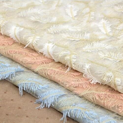 Pink/White 140*100cm Voile Fabric 3D feather flower embroidered fabric for wedding decoration garment free shipping