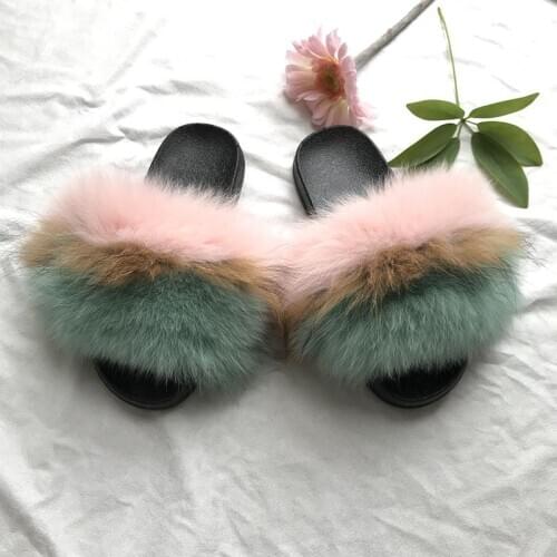 Made in China PVC flat bottom real wool slide fox skin slipper