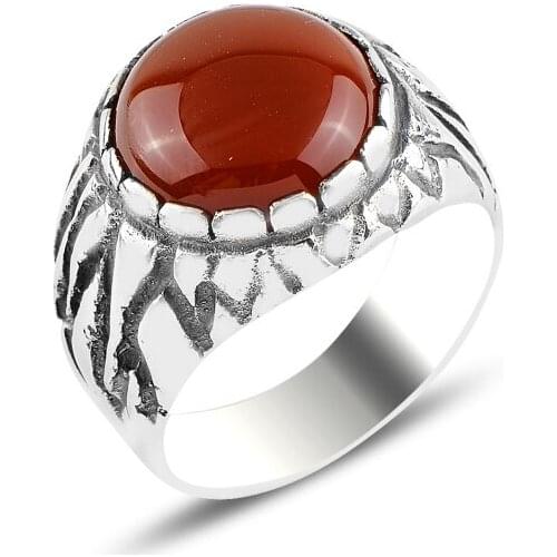 Silverlina Silver Round Red Agate Stone Ring