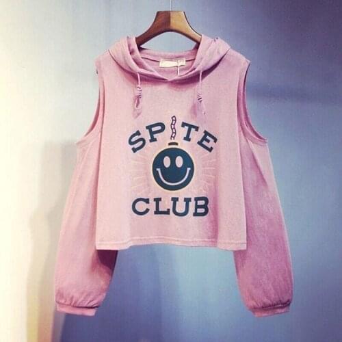 Cold Shoulder Tshirt Hoodie Y2k Kawaii Korean Fashion Harajuku Letter Fall Baggy Hollow Out Long Sleeve Hooded Top Sweatshirts