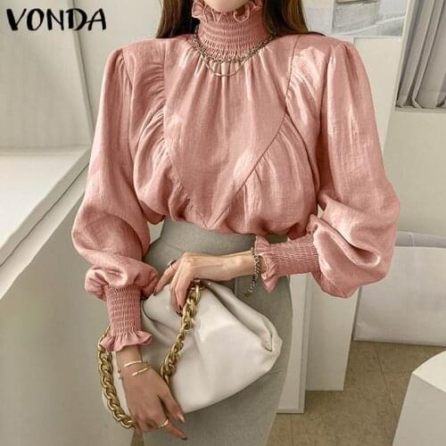 Women Blouse Elegant Casual Long Flare Sleeve Turtleneck Solid Color Tops 2021 VONDA Female Bohemian Blusas Femininas