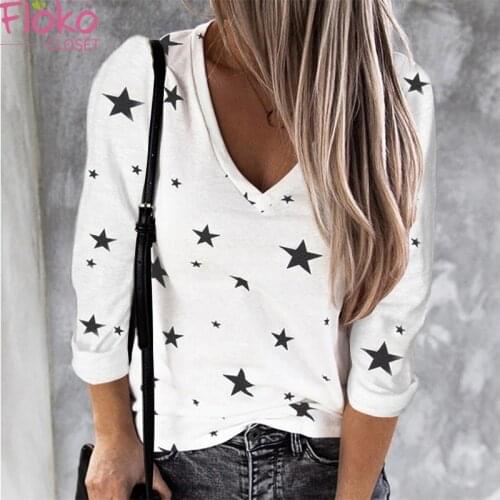 Flokocloset Autumn V-Neck Star Print Long Sleeve TShirt for Women 2021 Streetwear Spring Tops Y2k Shirts