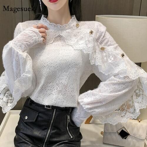 New Crochet Lace Blouse Women Chic Ruffle Lace Stitching Shawl Ladies Stand Collar Tops 2021 Spring Long Sleeve Slim Shirt13025