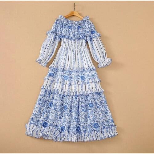 European and American womens wear for summer 2021 Long - sleeved one-line neck with print tight waist Fashion pleated dress