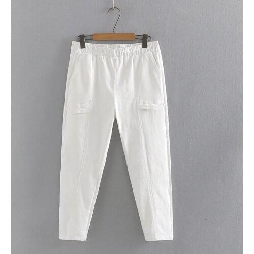 Plus Size Womens White Black Full Cotton Slim Pants XL-4XL Elastic Waist Solid Color Officewear Pants