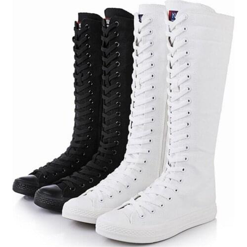 Women Zipper Lace Up Casual Canvas Shoes Comfort Flat Boots Long Boots Spring Autumn Fashion 2021