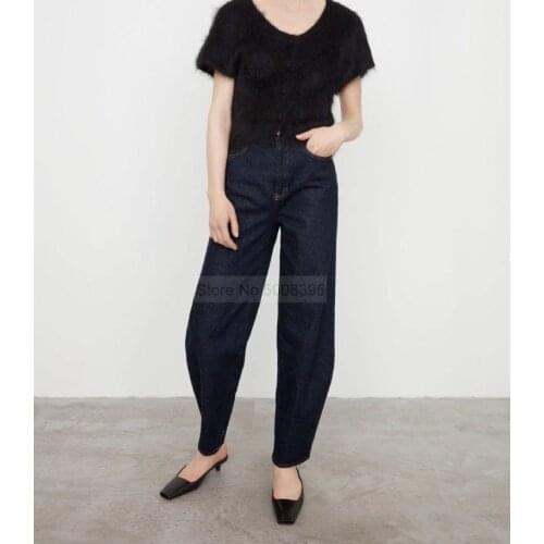 2021 Fashion Woman Funky Navy Raw Blue Denim Jeans Barrel leg Trousers Pants