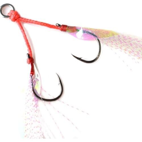 3pairs Double Metal Jig Assist Hook With PE Line Feather Solid Ring Jigging Spoon Saltwater Fishhook for 5-40g Jig Fishing Lure