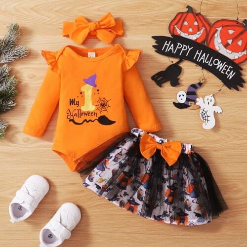 3PCS Baby My First Halloween Outfits Baby Girl Clothes Long Sleeve Letter Print Romper + Tulle Skirt + Headband Set 0-18 Months