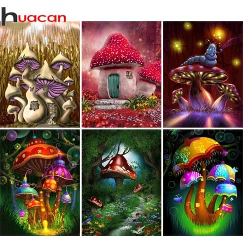 Huacan Diy Diamond Painting Mushroom House Mosaic Fantasy Scenery Home Decor Embroidery Flower Diamond Art