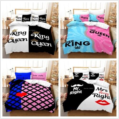3D Printed Her Side His Side Bedding Set Crown King Queen Duvet Cover with Pillowcase Set Bed Linens for Adults Couple Lovers