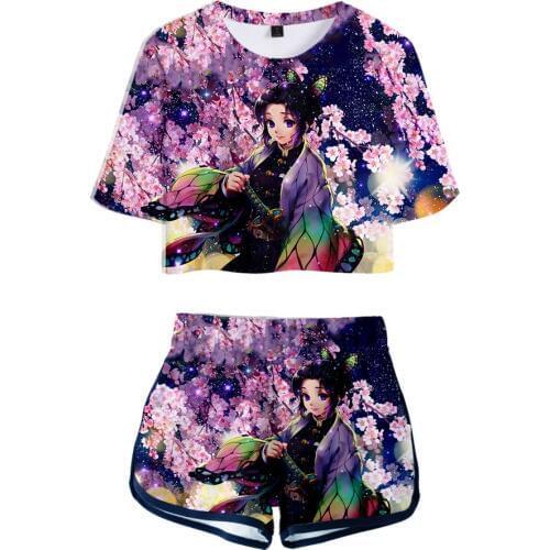 Summer Exposed navel shorts and Tshirt kit Demon Slayer Cosplay Costume Himejima Kyoumei Nezuko Agatsuma Kochou Shinobu