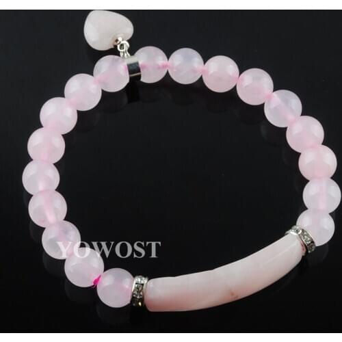 Natural Rose Quartzs Gem Stone Beads Strand Bracelets & Bangles Heart Shape Silver-color Fitting Women Jewelry Love Gifts QK3341