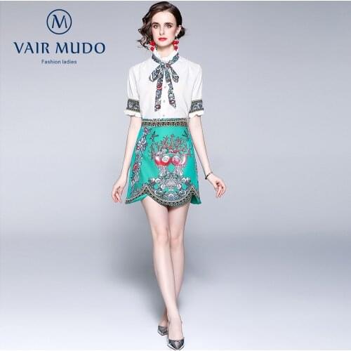 New Clothes Bow Knot Fungus Collar Temperament Was Thin Printed Shirt Wavy Half Skirt Suit Chiffon Two-Piece Suit Elegant Y-170