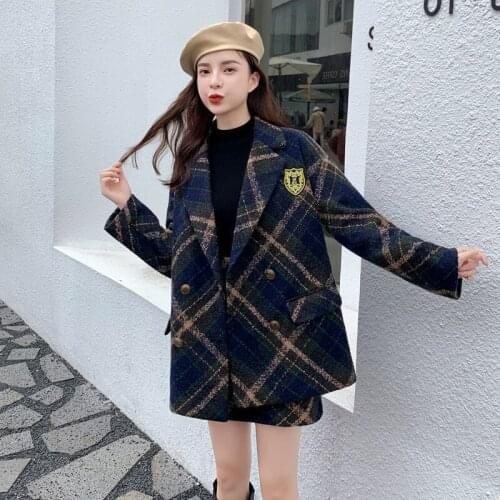 2021 NEW Autumn Two-piece Suits Thick Plaid Tweed Female Woolen Coat A-line Skirt Sets Vintage Women Suit Basic Jackets Uniform