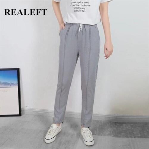 REALEFT 2021 New Summer Cotton and Linen Womens Pants Lace Up High Waist Drawstring Harem Pants Casual Female Trouses Pockets