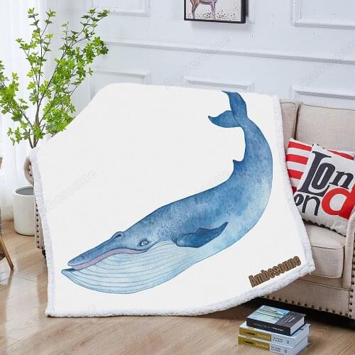 Blue Whale Sherpa Throw Blanket Watercolor Hand Drawing Vector Paint Bedspread Print on Demand Plush Blankets