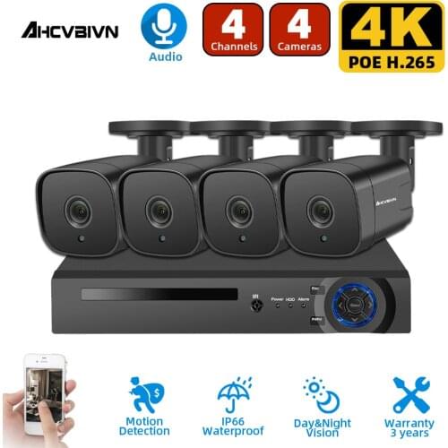 H.265 Surveillance System 4CH 4K POE NVR Kit Indoor Outdoor Bullet Audio Record 8MP 5MP 4MP IP Camera IR Night P2P Video Set