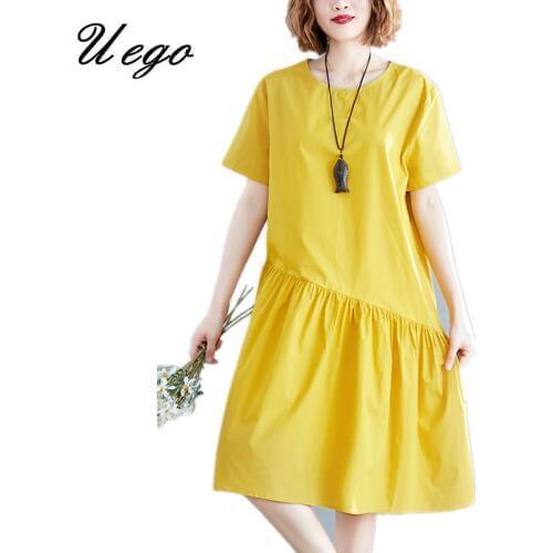 Uego Short Sleeve Loose Summer Dress Soft Cotton Linen Holiday Beach Casual Dress Patchwork 2021 Women Chic Party Midi Dress