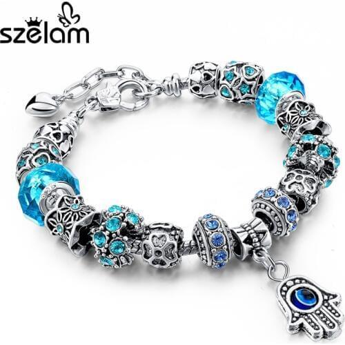 Szelam Red/Blue/Purple Hamsa Charm Bracelets For Women Crystal Beads Evil Eye Bracelets & Bangles Pulseras SBR150277