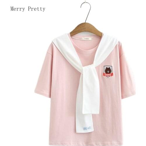 Women Cartoon Bear Embroidery Lovely Pattern Summer T Shirts Sweet Girls Cotton T-Shirt Casual Lace Up Loose Shirt Basic Tops