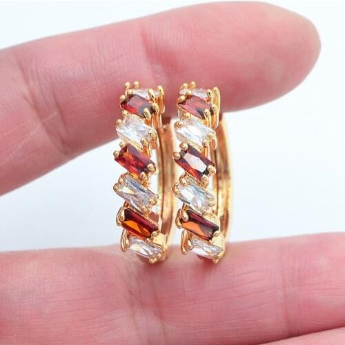 Gold Color Women Fashion White Red Rectangle Cubic Zirconia CZ Huggie Hoop Earrings Jewelry