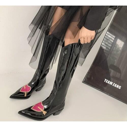 QZYERAI New Women Knee High Modern Boots Genuine Leather Western Wedding Embroider Pointed Toe Black Shoes Chunky Heel Boots