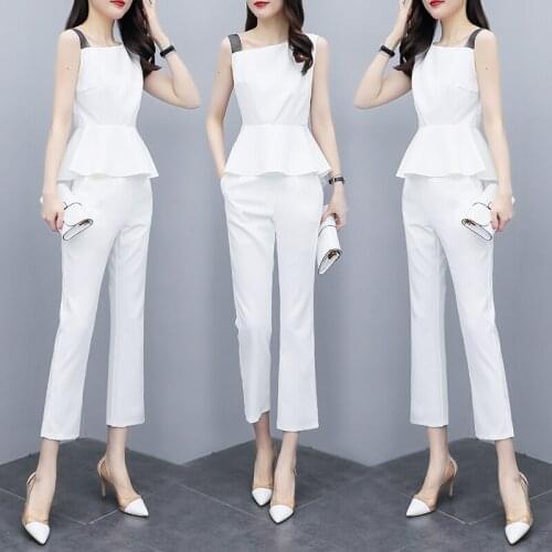 2021 Professional Suit Women Summer New Sleeveless Waist Top and Pants Fashion Slim Office Lady Business Two Piece Pants Set