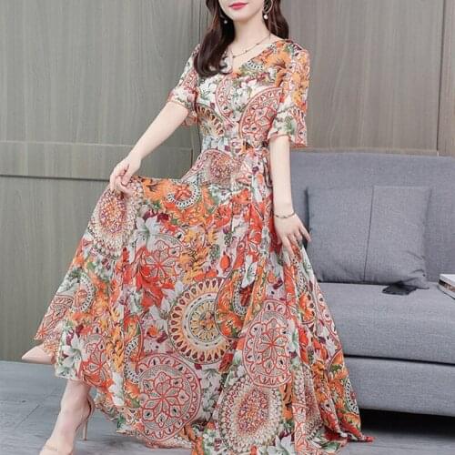 2021Large size Women Dress Summer Korean Fashion V Neck Beach Style Dress A Line Sashes Half Sleeve Print Dress for Women