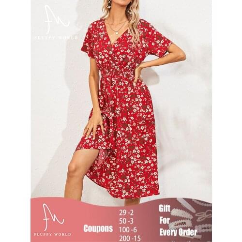 Women Casual Summer Beach Maxi Dress Vintage Floral Printed Boho Long Chiffon Chiffon Shirt V-Neck Midi Dress Robe FLUFFY WORLD