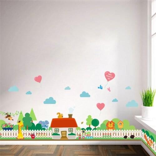 Animals Village House Wall Stickers Kids Room Decoration Diy Plant Safari Giraffe Fox Mural Art Home Decals Baseboard Posters