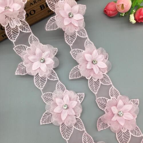 1 yard Pink Pearl Rhinestones Flower Leaf Handmade Beaded Embroidered Lace Trim Ribbon Applique Wedding Dress Sewing Craft
