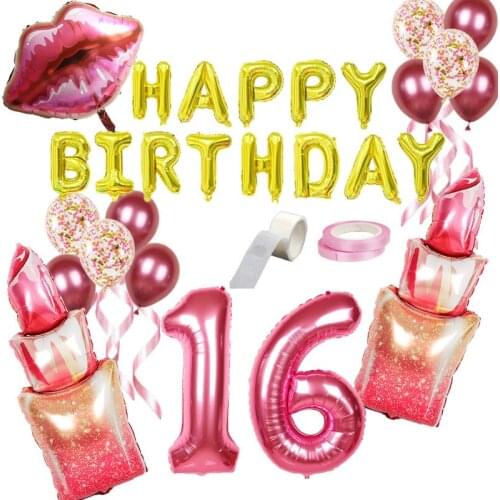 18Pcs/set Makeup Theme Balloons Set Happy Birthday Foil Balloon Globos 16/18/20 Years Old Lipstick Birthday Balloons Party Decor